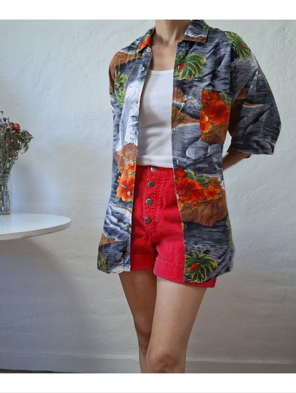 Vintage 90s Jack Hollywood Hawaiian Shirt Tropical Hibiscus Floral Button Up